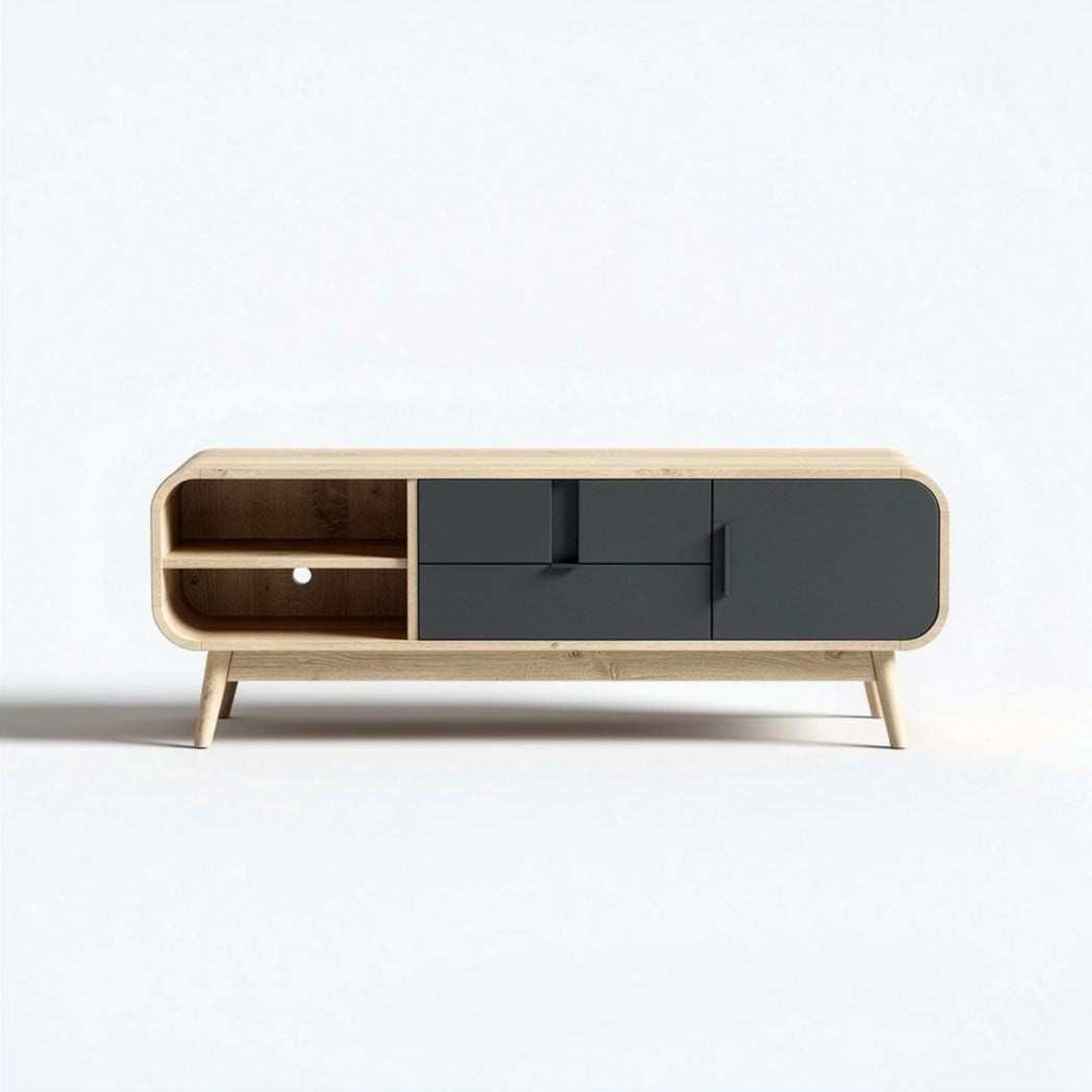 Meuble TV en bois naturel avec portes gris 120 x 40 x 50 cm