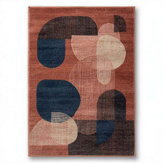 Tapis décoratif en polyester 150 x 100 x 1cm motifs géométriques couleurs terre et bleu
