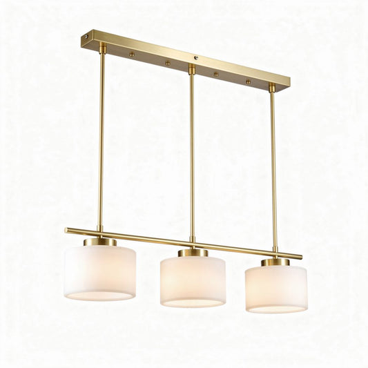 Suspension en métal doré avec trois abat-jours en verre blanc 30 x 10 x 20cm