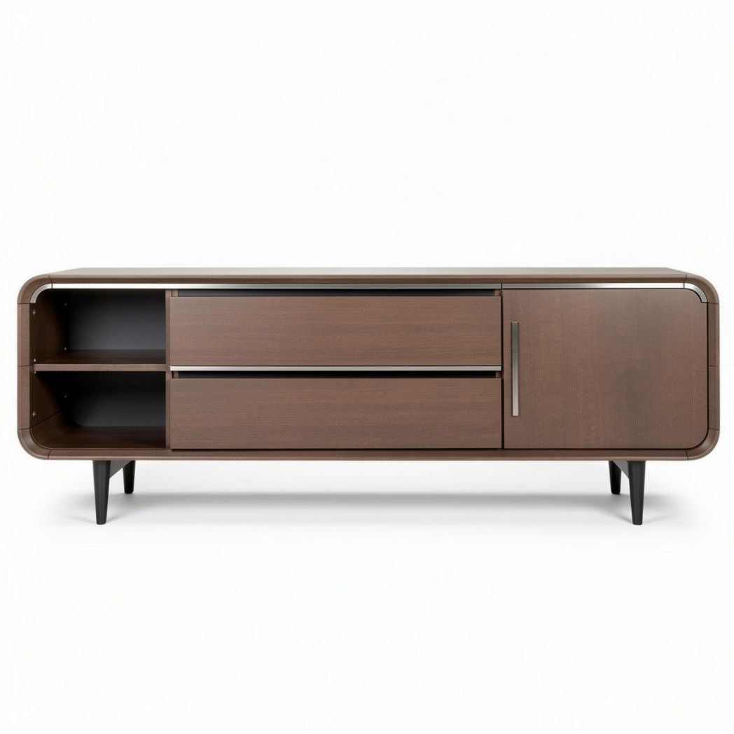 Meuble tv en bois foncé avec tiroirs et étagères dimensions 150 x 40 x 50cm